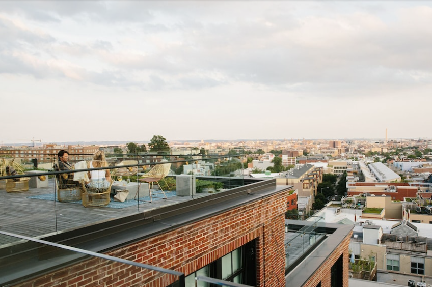 Brick rooftop looking out on the city and the Washington Monument