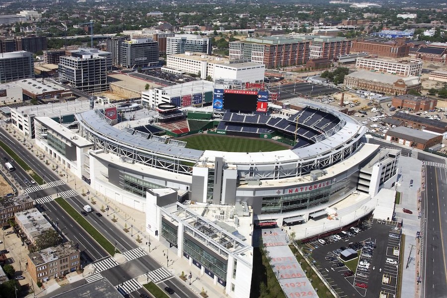 Aerial view of Nationals Park baseball stadium in Washington, DC, surrounded by city buildings and streets.