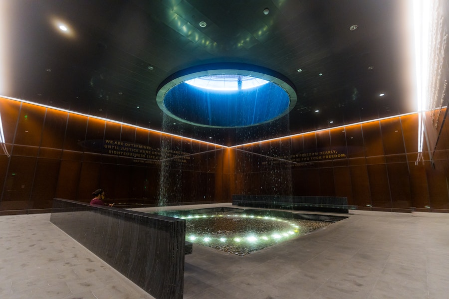Circular waterfall feature in the Contemplative Court at the National Museum of African American History and Culture.