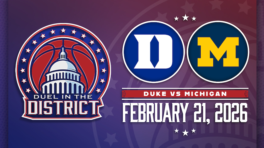 A graphic for "Duel in the District" on February 21, 2026, with the logos of Duke and Michigan.