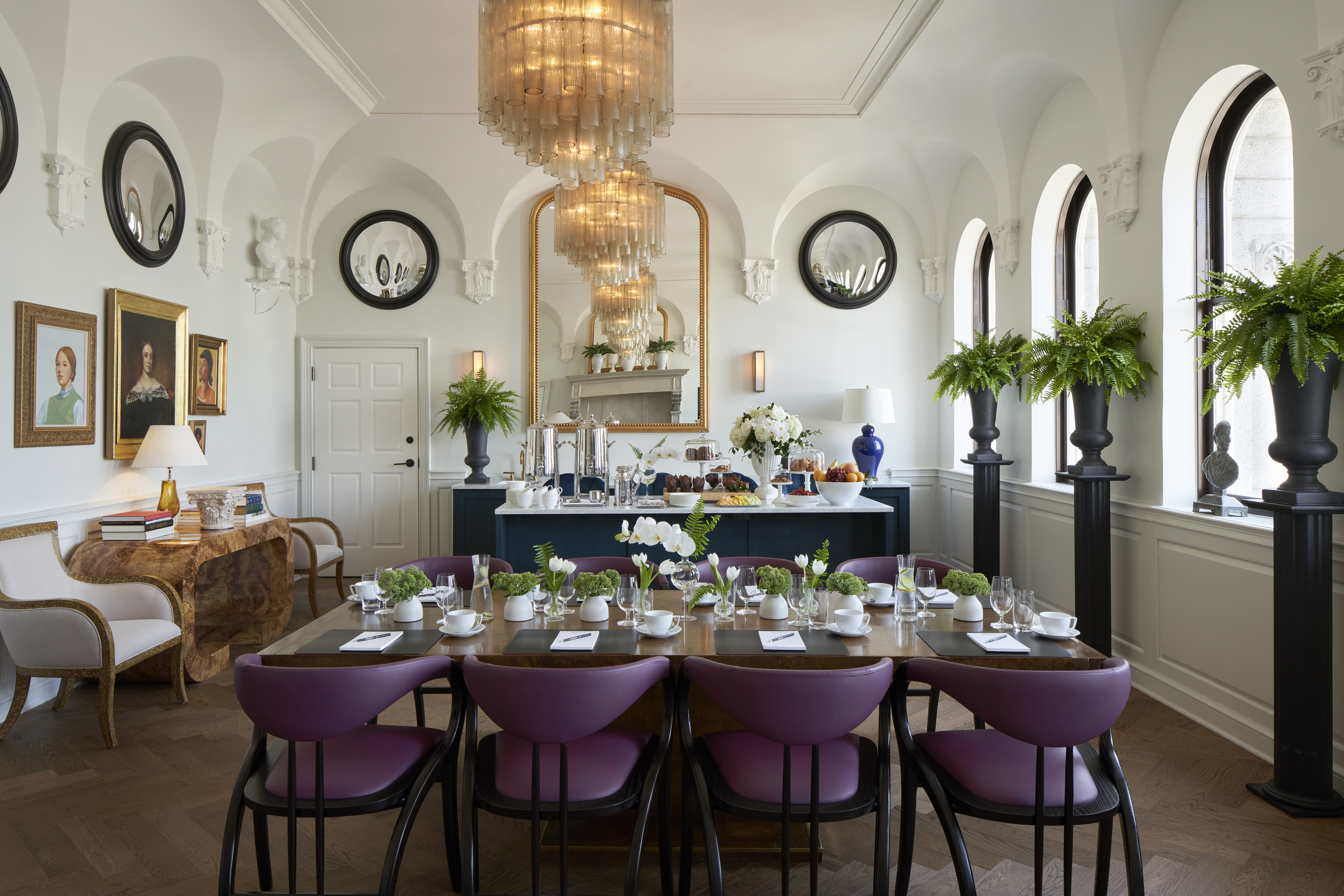 Elegant table setup inside a historic hotel.