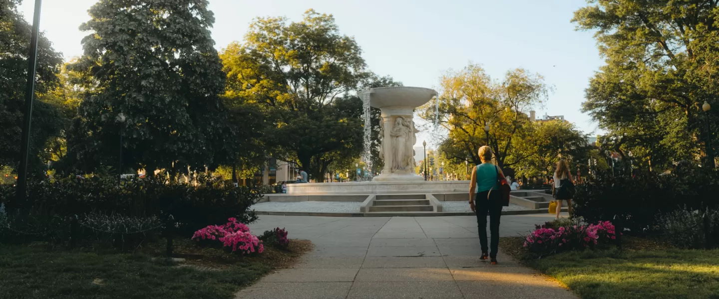 A scenic view of Dupont Circle featuring the central fountain, blooming flowers, and people strolling along the sunlit pathways.